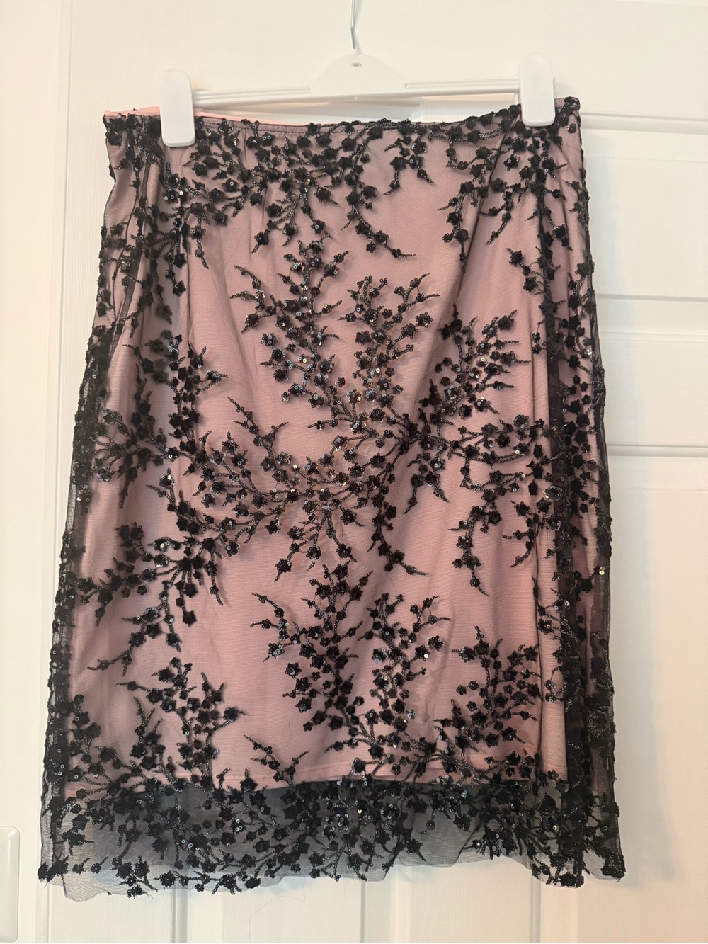 Reformation Pink Pencil Skirt with Black Lace Embroidery